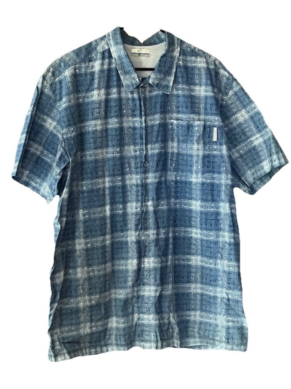 Columbia PFG Men's XL Short Sleeve Vented Plaid Fishing Shirt Light Blue Navy